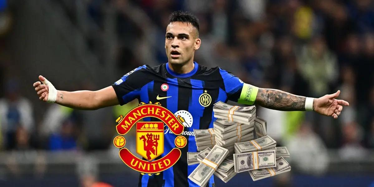 Lautaro Martinez looks concerned wearing an Inter Milan jersey while the Manchester United logo and a stack of money is below him.