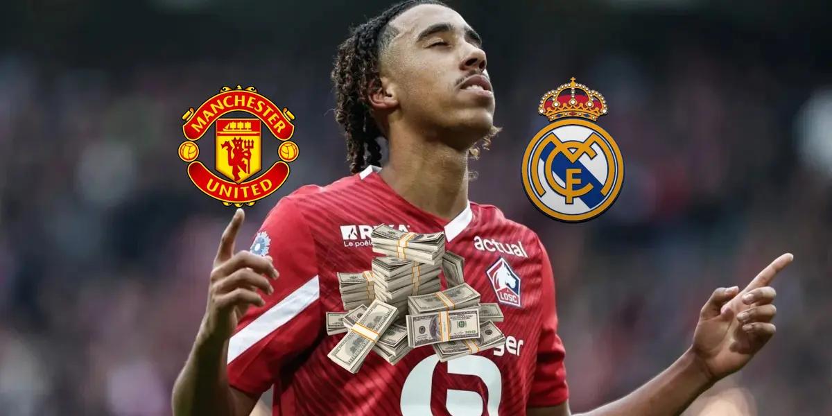 Leny Yoro closes his eyes and points to the sky while the Manchester United and Real Madrid badges are next to him and the stack of money is below him. (Source: Fabrizio Romano X)