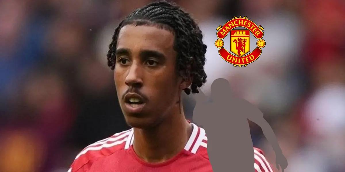 Leny Yoro is focused while he wears the Manchester United jersey and the club logo is above a mystery player. (Source: UtdFaithfuls X)