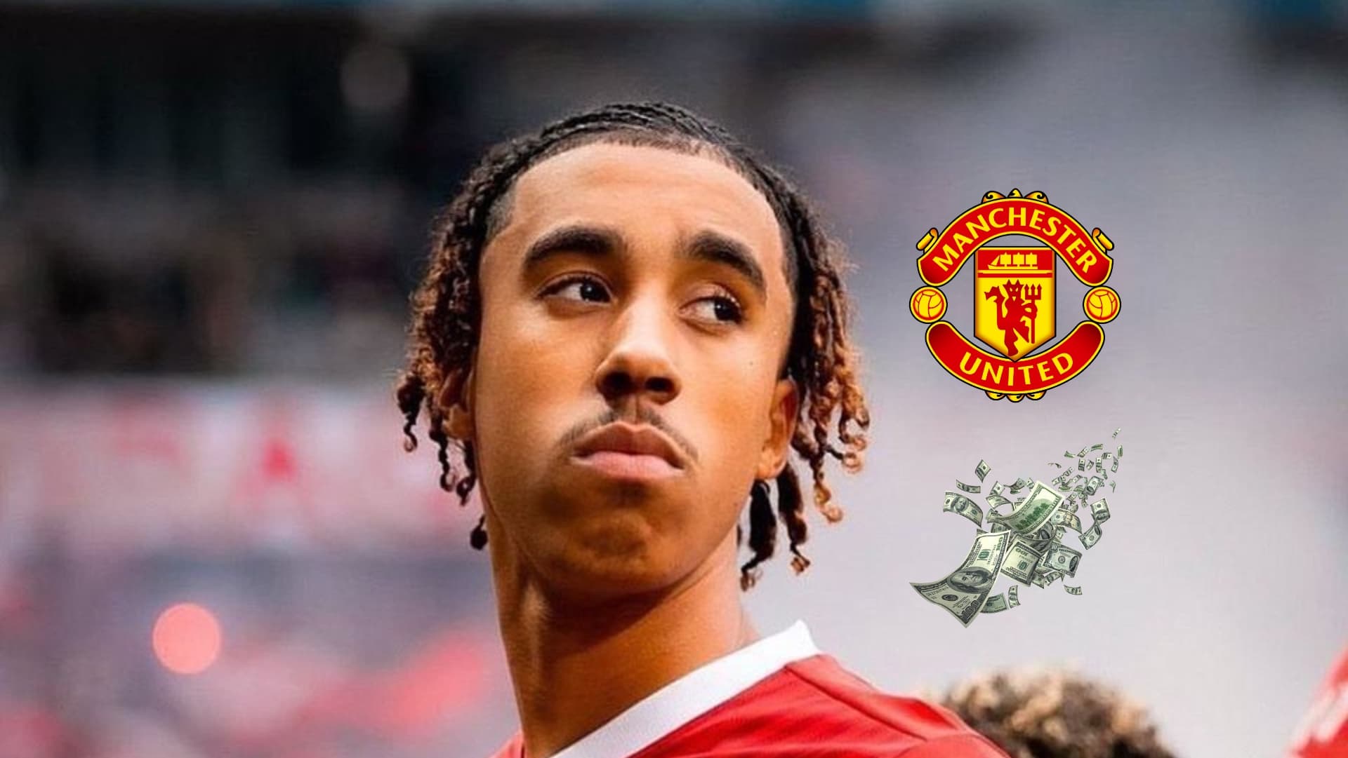 Leny Yoro looks to the side while wearing the Lille jersey as the Manchester United badge is above flying $100 bills. (Source: Fabrizio Romano X)
