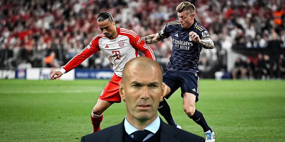 Leroy Sane and Toni Kroos go for the ball in Bayern Munich vs Real Madrid, while Zinedine Zidane is focused.