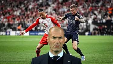 Leroy Sane and Toni Kroos go for the ball in Bayern Munich vs Real Madrid, while Zinedine Zidane is focused.