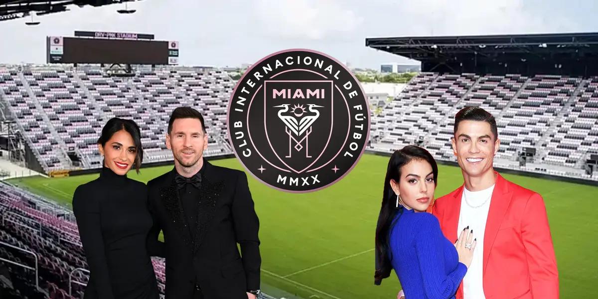 Lionel Messi and Cristiano Ronaldo pose for a picture with their ladies.