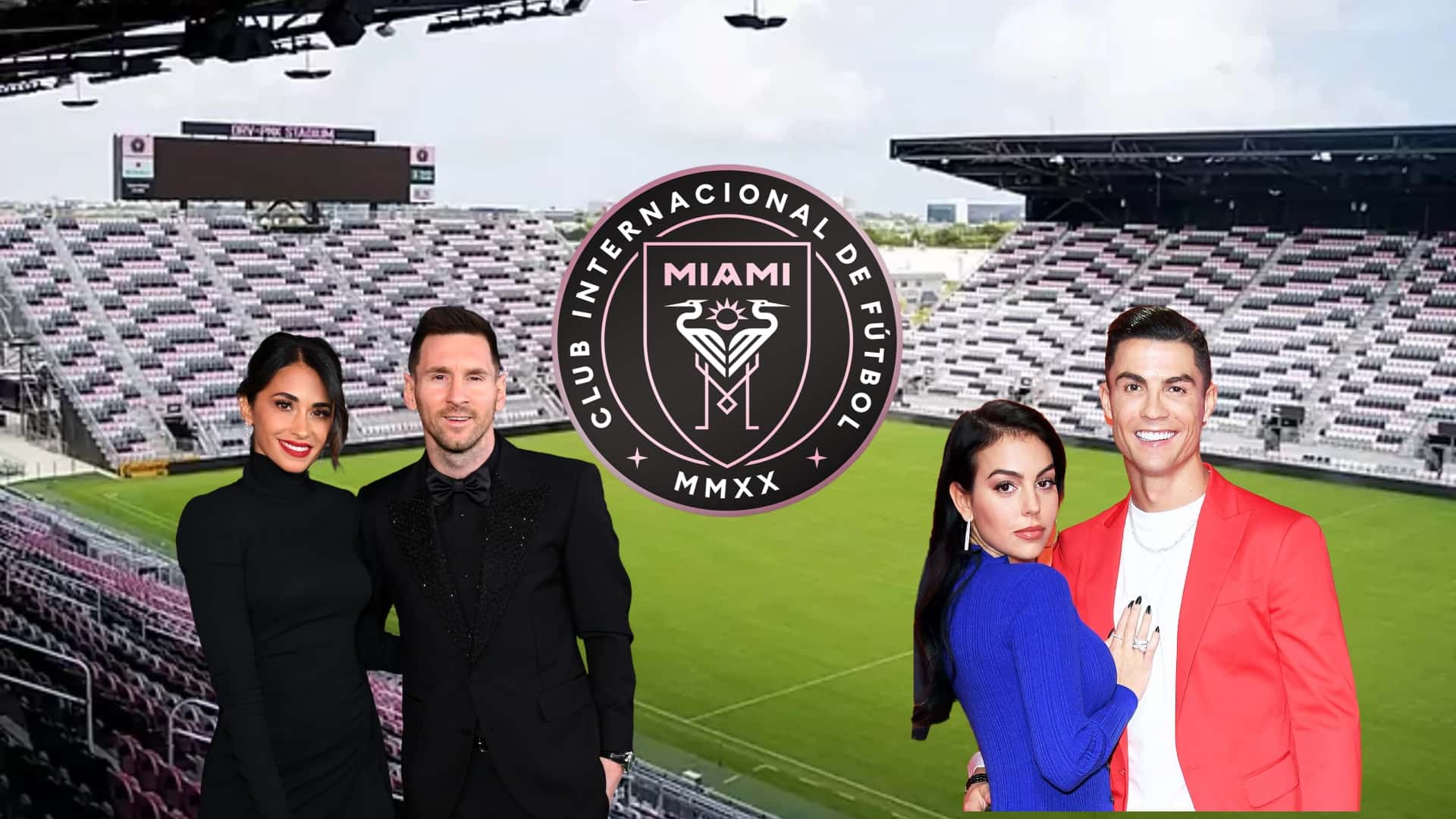 Lionel Messi and Cristiano Ronaldo pose for a picture with their ladies.