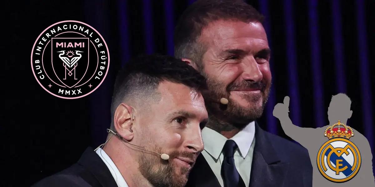 Lionel Messi and David Beckham smile together while a mystery player gives a thumbs up with a Real Madrid badge on and the Inter Miami badge is on the top left.