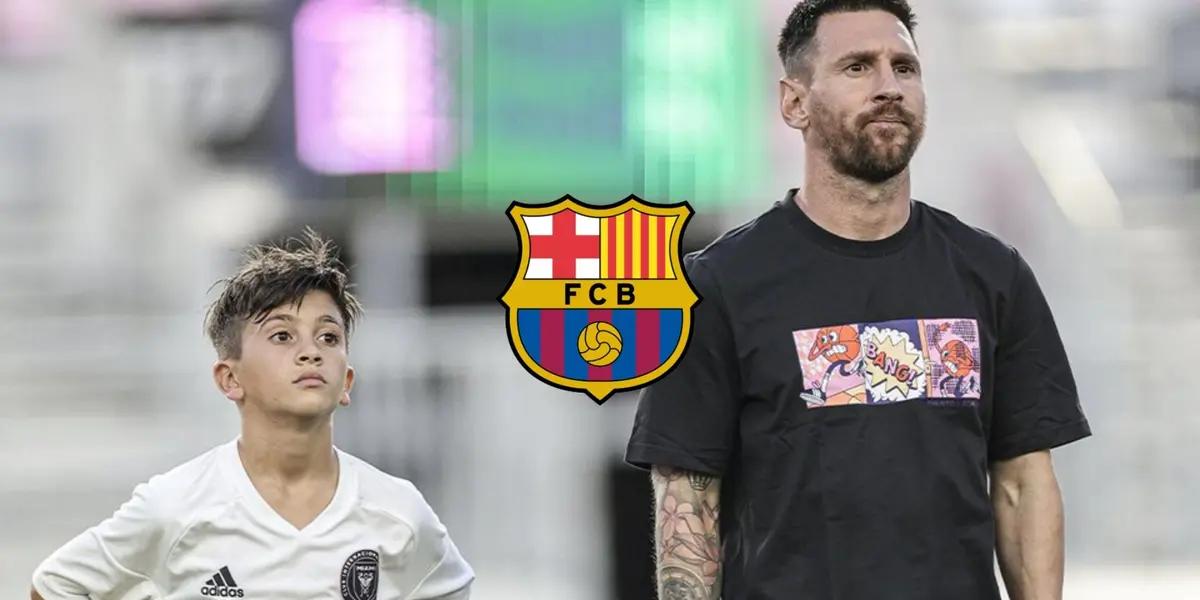 Lionel Messi and his son, Thiago Messi, are standing next to each other while the FC Barcelona badge is in between them.