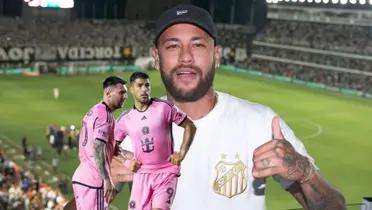 Lionel Messi and Luis Suarez look on to the pitch while Neymar throws a thumbs up with a Santos FC shirt.