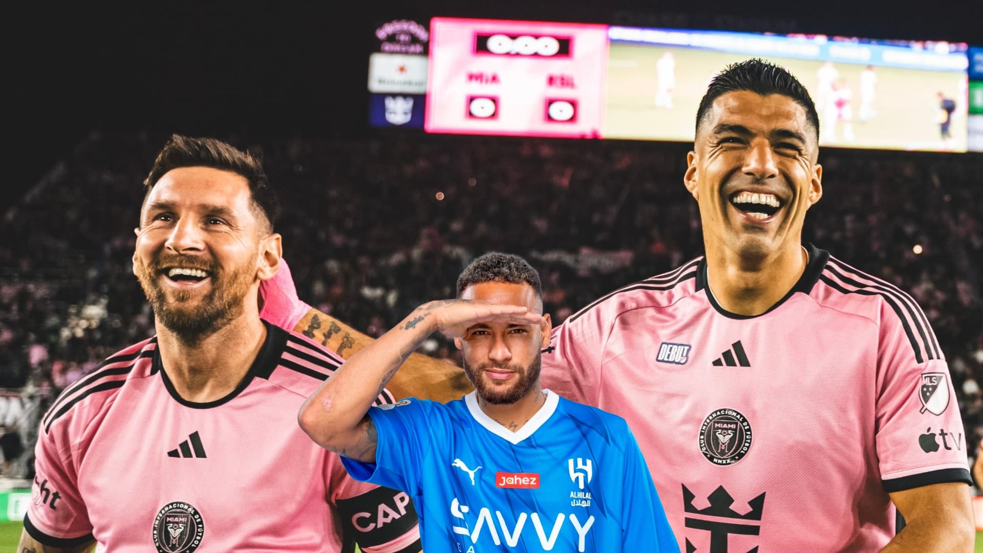 Lionel Messi and Luis Suarez together before an Inter Miami match; Neymar posing with an Al Hilal jersey.