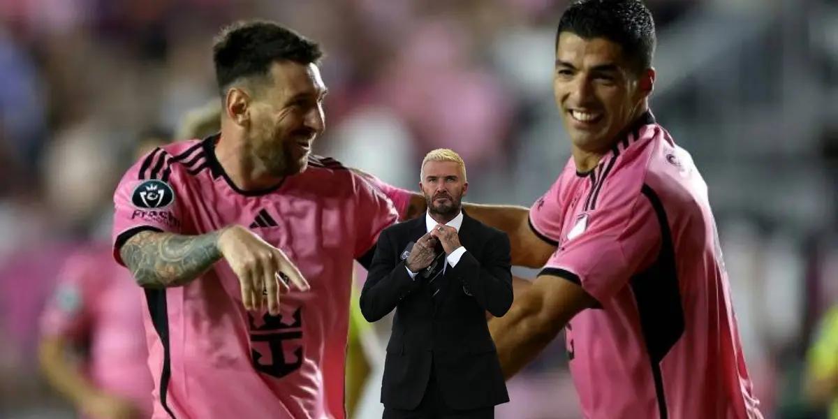 Lionel Messi and Luis Suarez together celebrating an Inter Miami goal while David Beckham looks on.