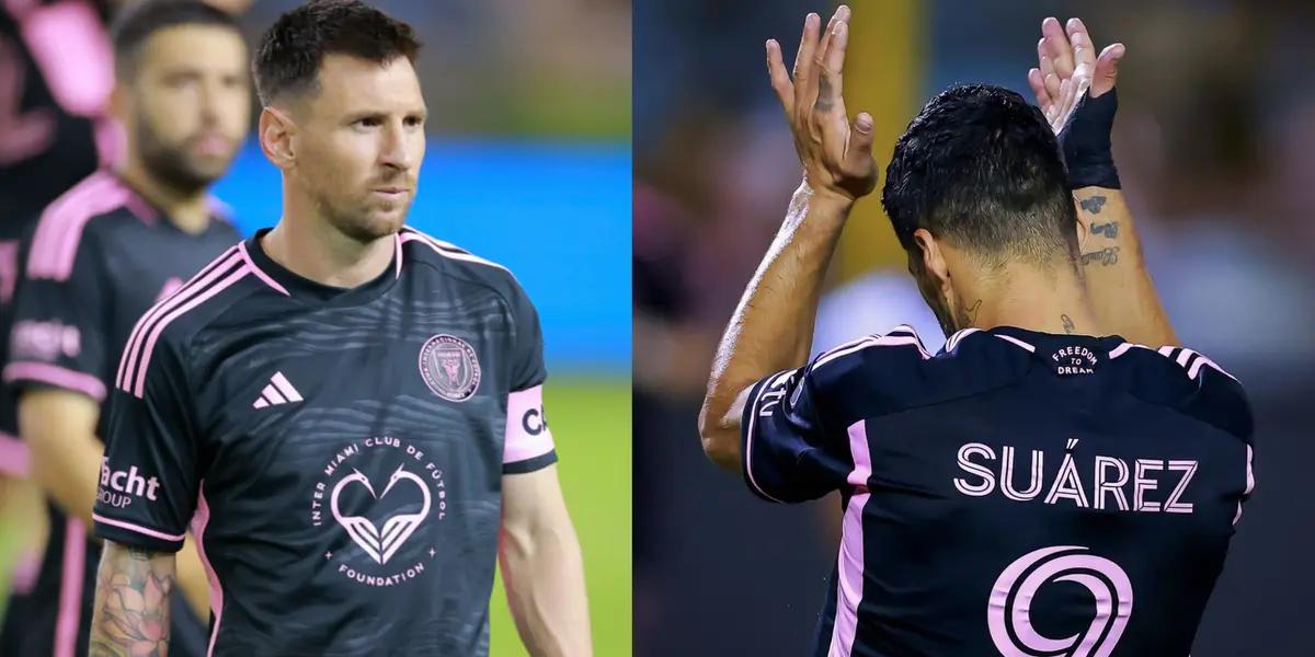Lionel Messi and Luis Suarez with the black Inter Miami jeresey.