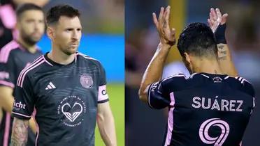 Lionel Messi and Luis Suarez with the black Inter Miami jeresey.