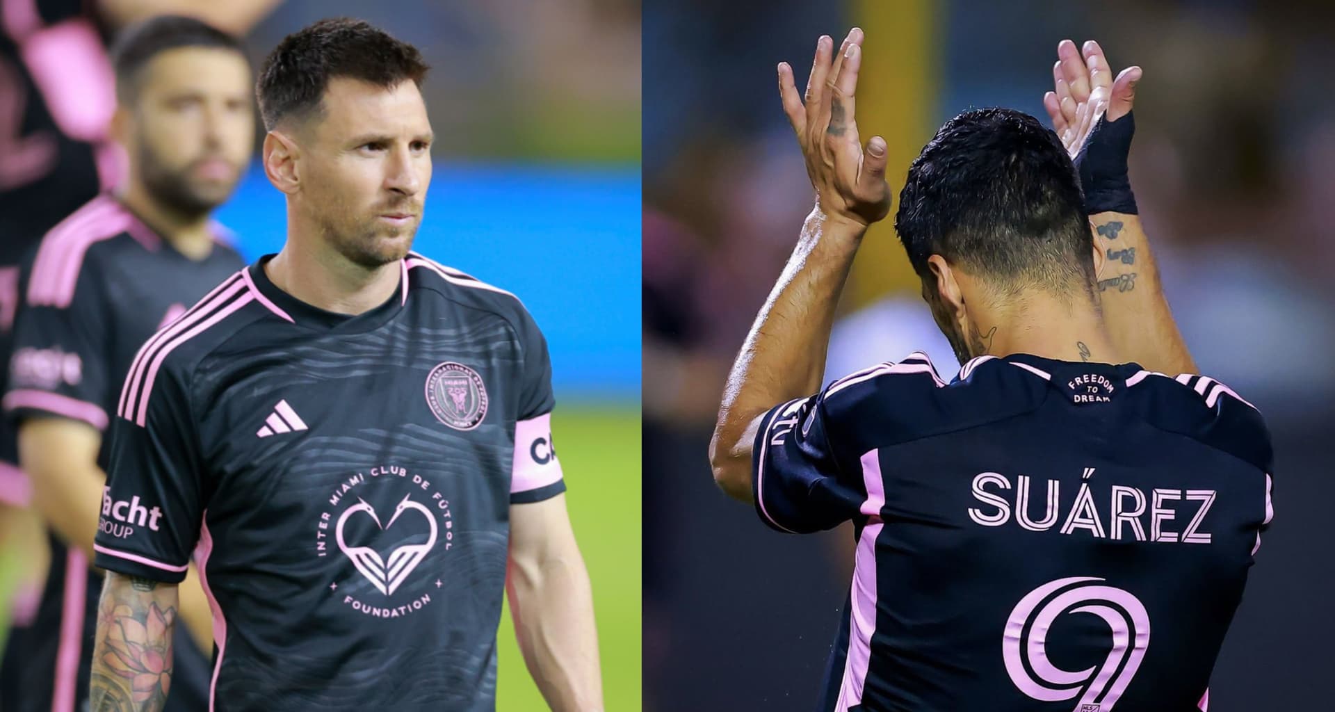Lionel Messi and Luis Suarez with the black Inter Miami jeresey.
