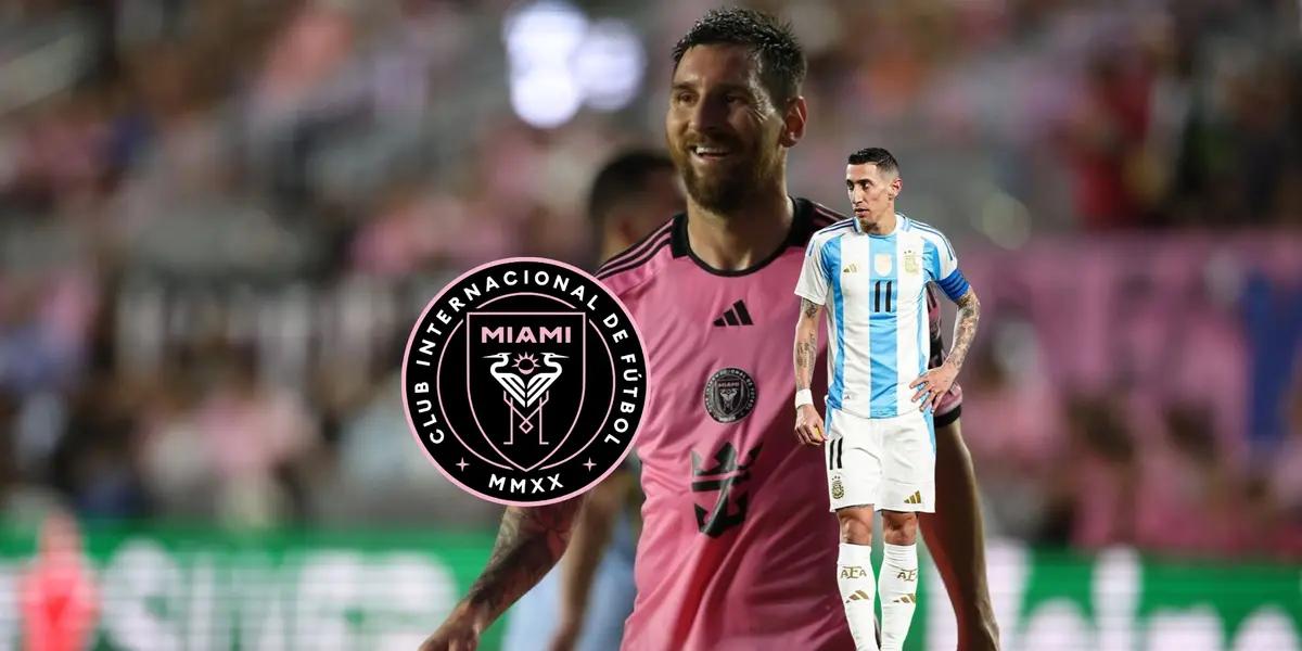 Lionel Messi and wears the Inter Miami jersey while Angel DI Maria looks to his right with his hand on his hip, while wearing the Argentina jersey; the Inter Miami badge is next to them.