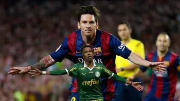 Lionel Messi celebrates his FC Barcelona goal in 2015 while Messinho celebrates his goal for Palmeiras.