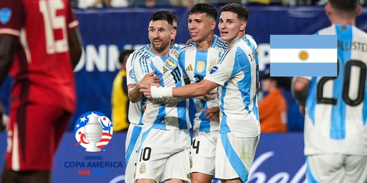 Lionel Messi celebrates his goal with his teammates from the Argentina natioanl team as the Copa America logo is on the bottom and the Argentina flag is on the top. (Source: Messi Xtra X, CONMEBOL)
