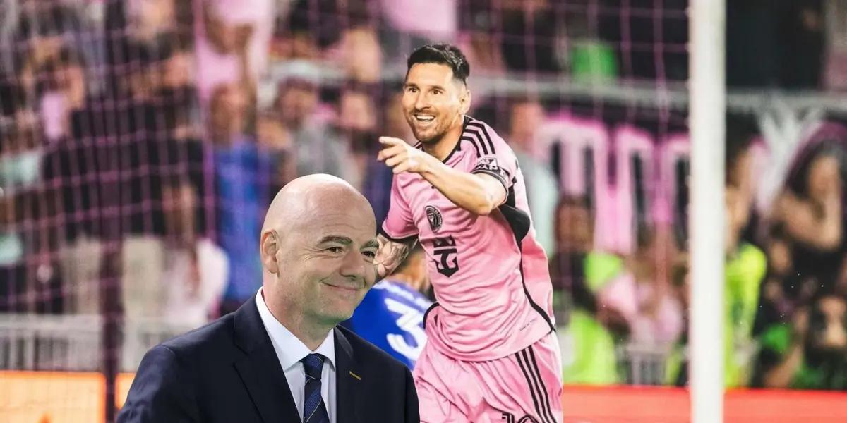 Lionel Messi celebrates his Inter Miami goal while Gianni Infantino smiles.