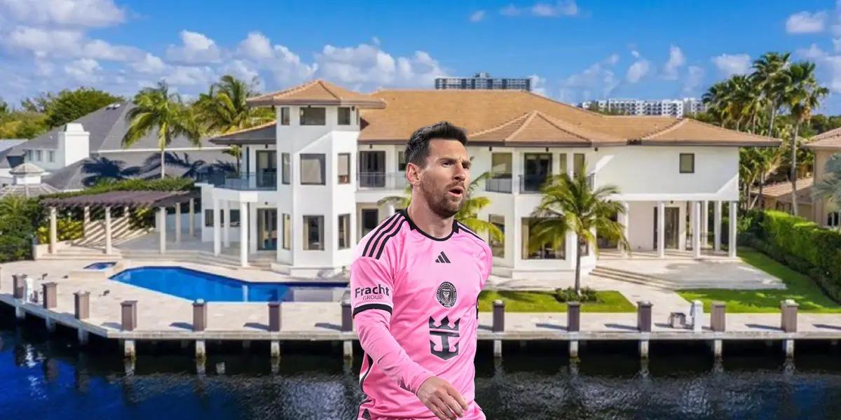 Lionel Messi focused in an Inter Miami game with the background of his house in Miami.