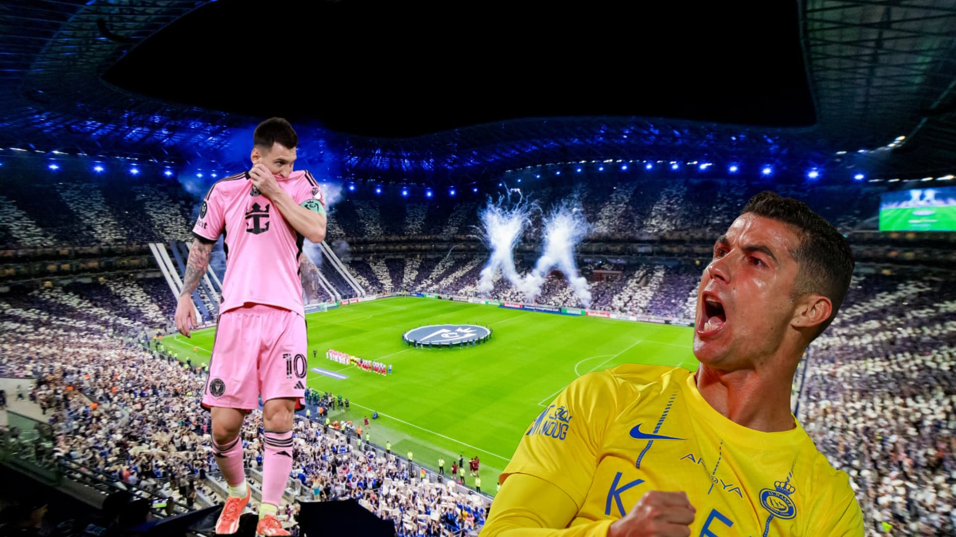 Lionel Messi frustrated while Ronaldo shouts of joy, at the background Monterrey's stadium.