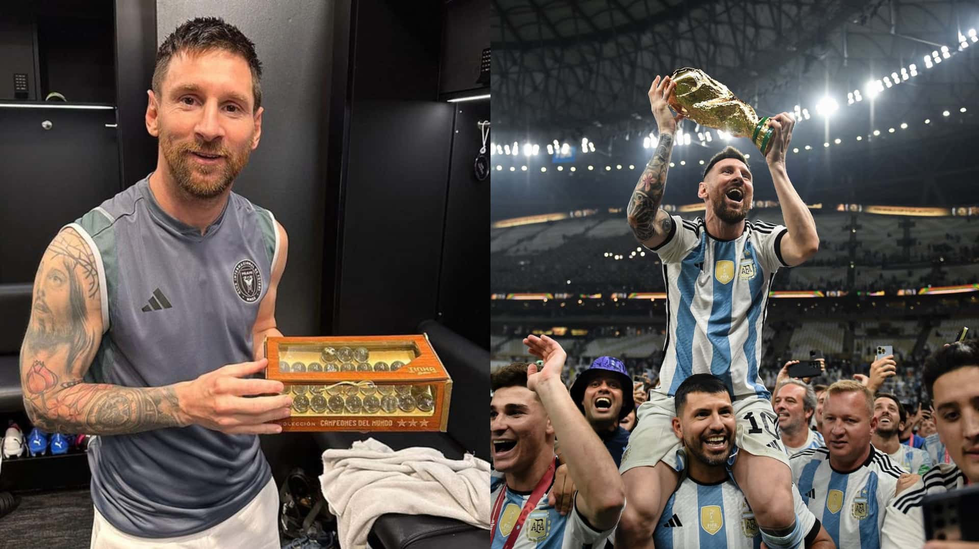 Lionel Messi holds a special gift that includes little marbles.