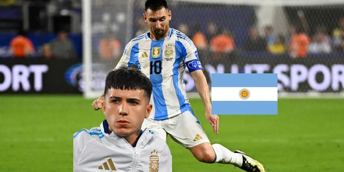 Lionel Messi is about to kick the ball with Argentina while Enzo Fernandez wears the Argentina jacket and the flag is next to him. (Source: Getty Images, X)