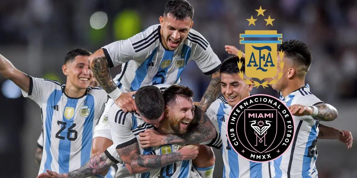 Lionel Messi is hugged by the rest of his Argentina national team teammates while the Argentina national team and Inter Miami badge is next to them.
