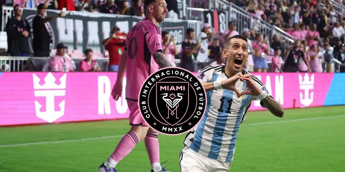 Lionel Messi is walking on the pitch while wearing the Inter Miami jersey; Angel Di Maria screams with joy while wearing the Argentina national team jersey; the Inter Miami badge is in the middle.