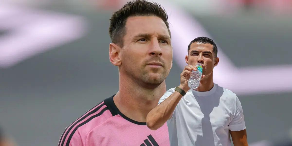Lionel Messi looks at the stands while wearing an Inter Miami jersey and Cristiano Ronaldo drinks his water brand, URSU.