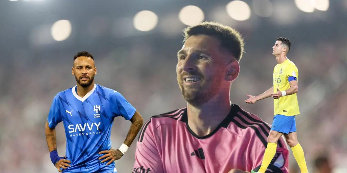 Lionel Messi looks concerned wearing an Inter Miami jersey while Neymar puts his hands on his hips with an Al Hilal jersey and Cristiano Ronaldo puts his hands out with an Al Nassr jersey.