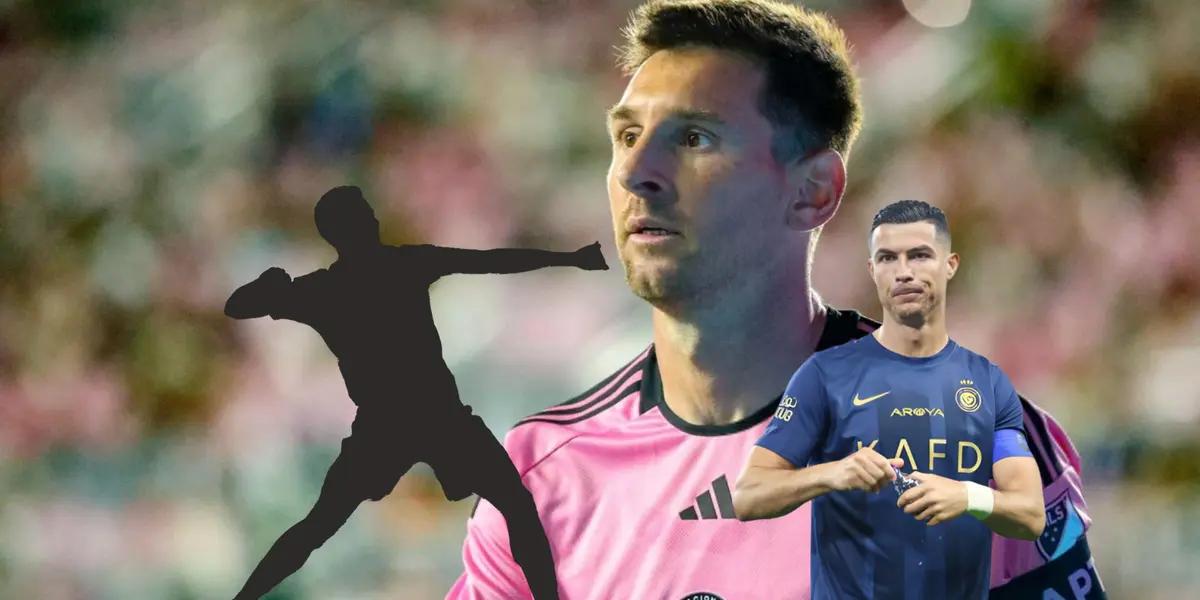 Lionel Messi looks concerned while Cristiano Ronaldo is wearing the Al Nassr jersey; the mystery player is next to him.