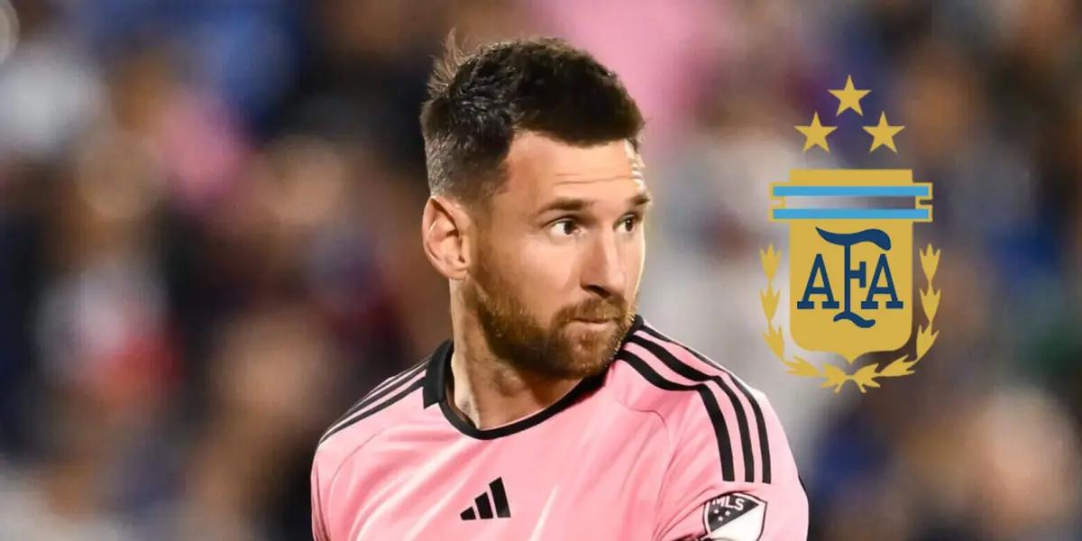 Lionel Messi looks concerned with the Inter Miami kit while the Argentina National Team badge is next to him.