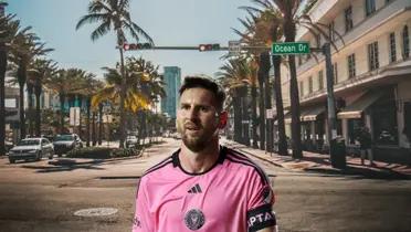 Lionel Messi looks confused with Inter Miami with the background on the Miami streets.