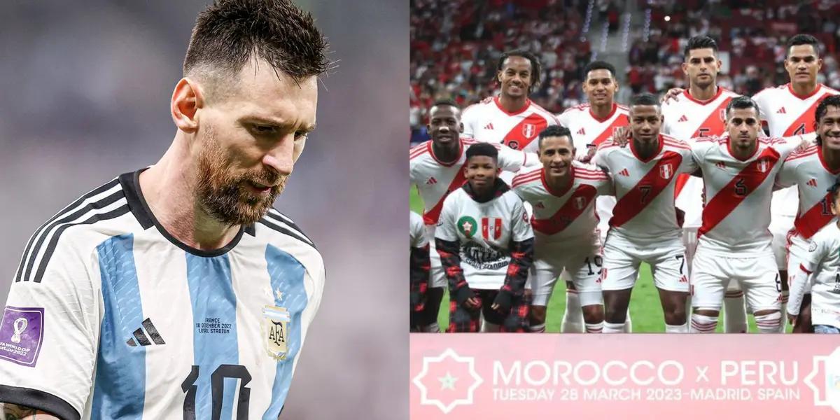 Lionel Messi looks down as he wears the Argentina jersey while the Peru team pose for a team picture.