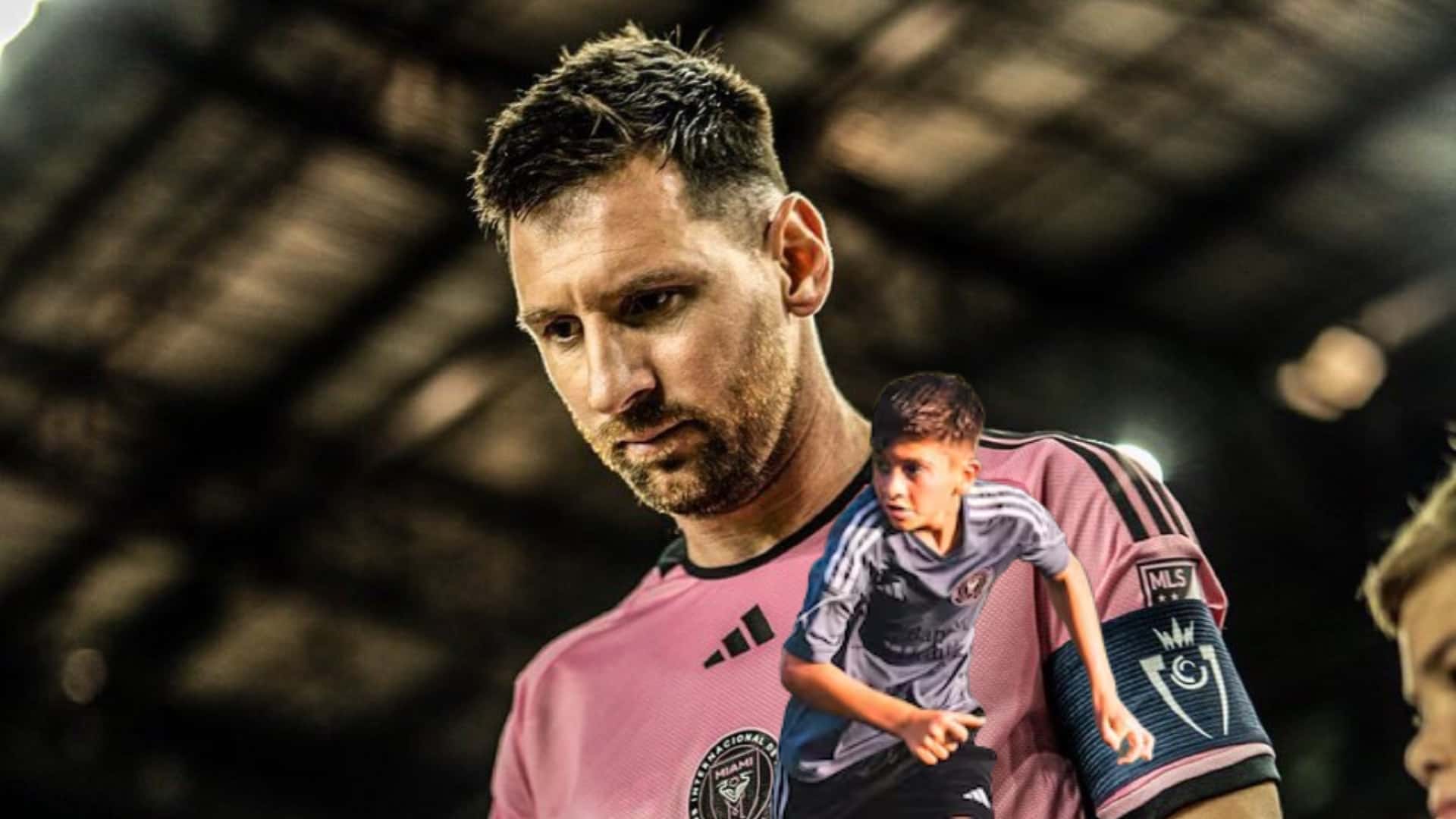 Lionel Messi looks down while wearing the Inter Miami jersey and Thiago Messi runs with the Inter Miami academy shirt on.