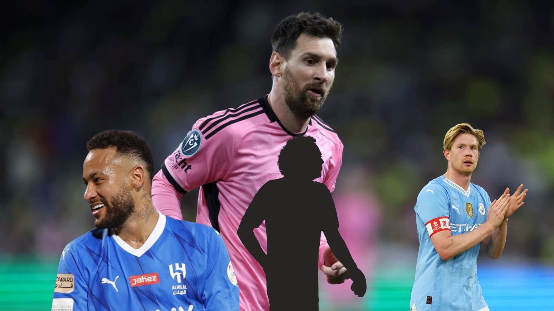 Lionel Messi looks down with an Inter Miami shirt and Neymar smiles with an Al Hilal shirt. De Bruyne claps with a Man City kit