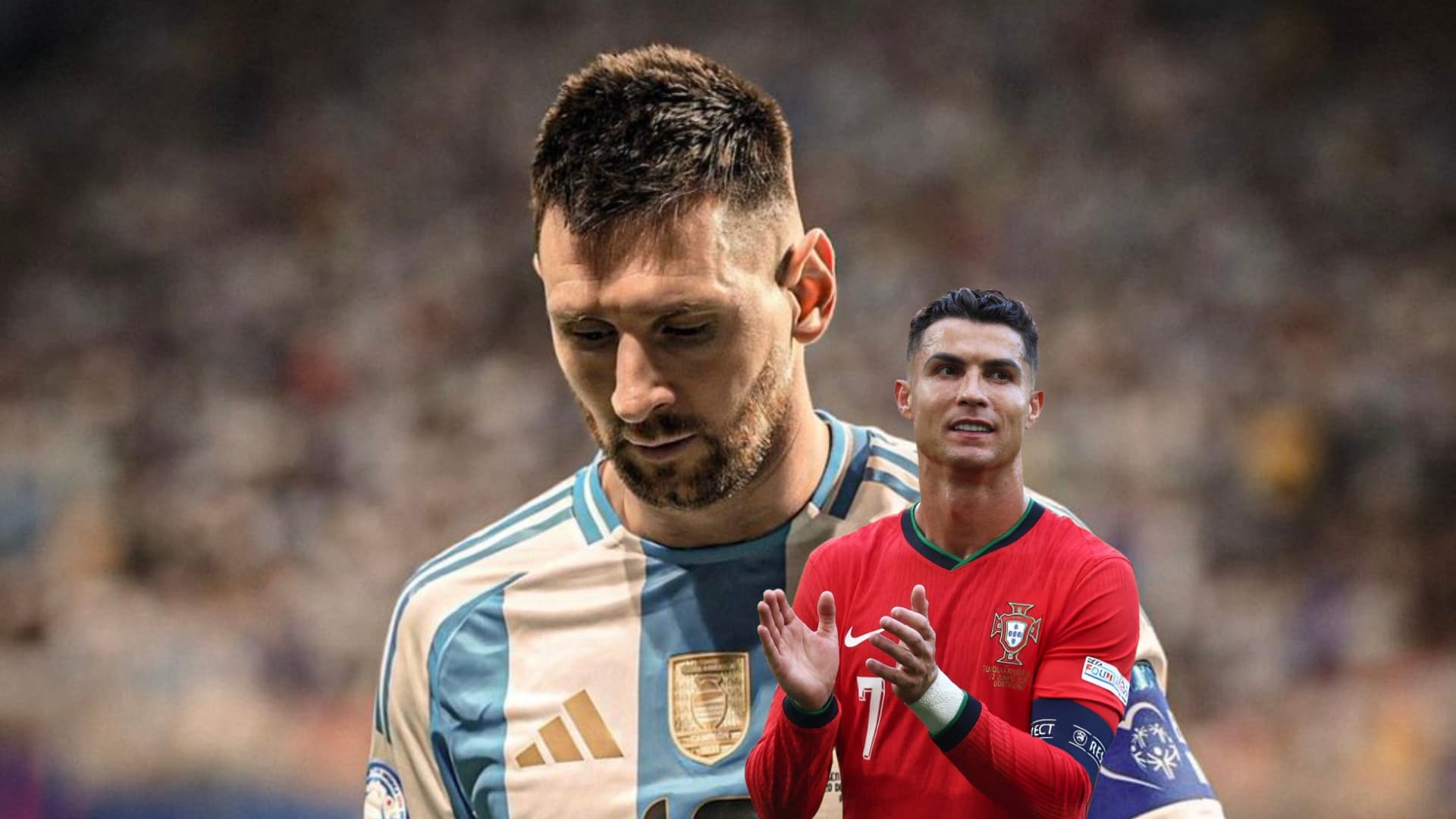 Lionel Messi looks down with the Argentina jersey and Cristiano Ronaldo claps with the Portugal jersey on. (Source: Messi Xtra X, GOATTWORLD X)