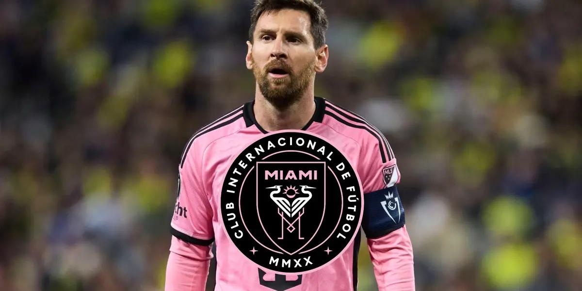 Lionel Messi looks on while wearing an Inter Miami jersey; the Inter Miami badge is in the middle.