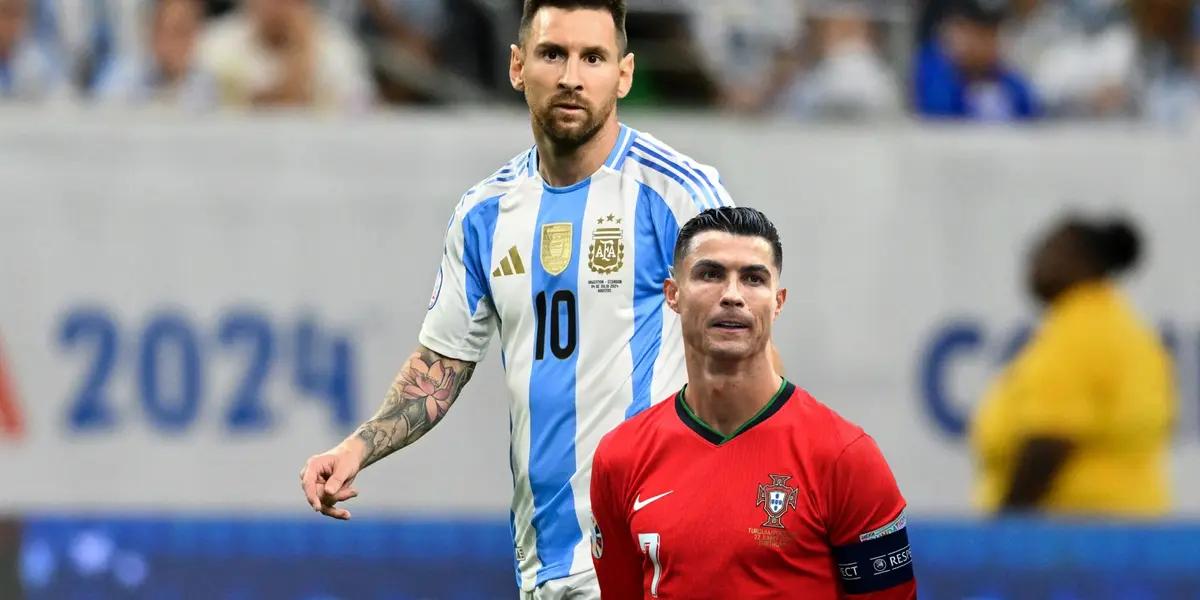 Lionel Messi looks serious with the Argentina jersey on while Cristiano Ronaldo seems disappointed with a Portugal jersey on. (Source: Messi Xtra, GOATTWORLD X)
