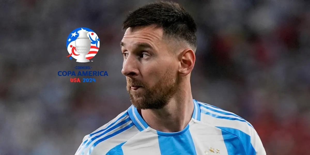 Lionel Messi looks to the side as he wears the Argentina national team jersey while the Copa America logo is next to him. (Source: Messi Xtra X)