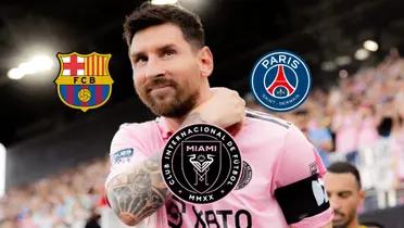 Lionel Messi looks up, wearing an Inter Miami jersey while the badges of FC Barcelona, Inter Miami, and PSG are around him.