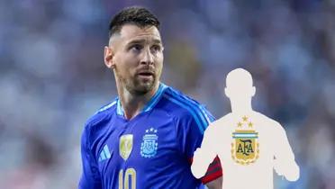Lionel Messi looks up while wearing the Argentina jersey and a mystery player has the Argentina national team badge. (Source: Messi Xtra X)