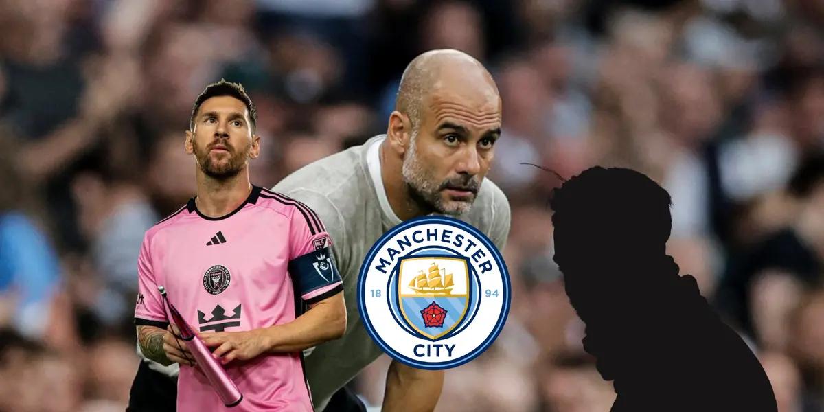 Lionel Messi looks up with an Inter Miami kit on and Pep Guardiola looks worried with a Man City logo below him. A mystery player is next to the City logo.