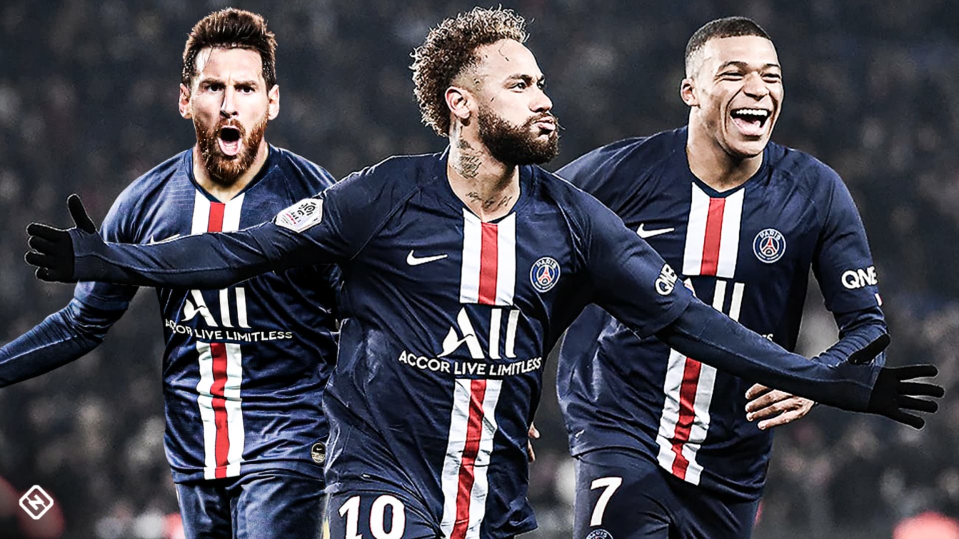 Lionel Messi, Neymar and Kylian Mbappe with the PSG jersey.