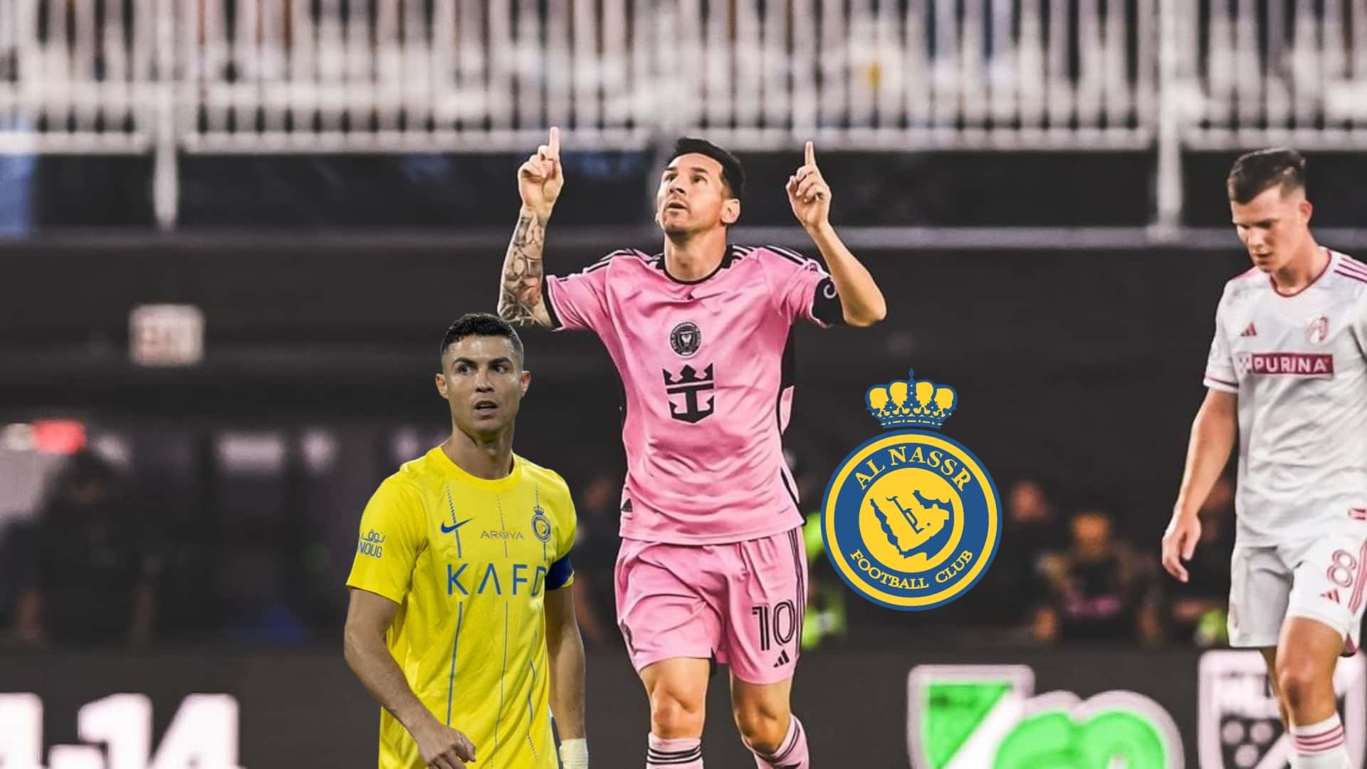 Lionel Messi points to the sky while Cristiano Ronaldo looks to the side and the Al Nassr logo is next to him.