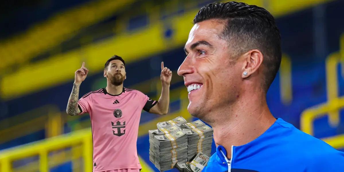 Lionel Messi points to the sky while Cristiano Ronaldo smiles with Al Nassr.