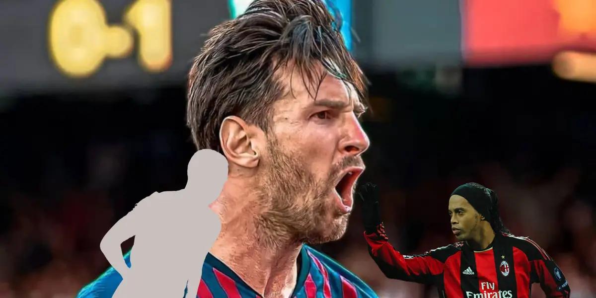 Lionel Messi screams with joy while Ronaldinho wears the AC Milan jersey and a mystery player is next to him. (Source: X)