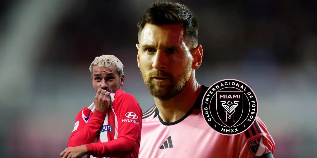 Lionel Messi seems focused with Inter Miami while Antoine Griezmann kisses the Atletico Madrid badge.