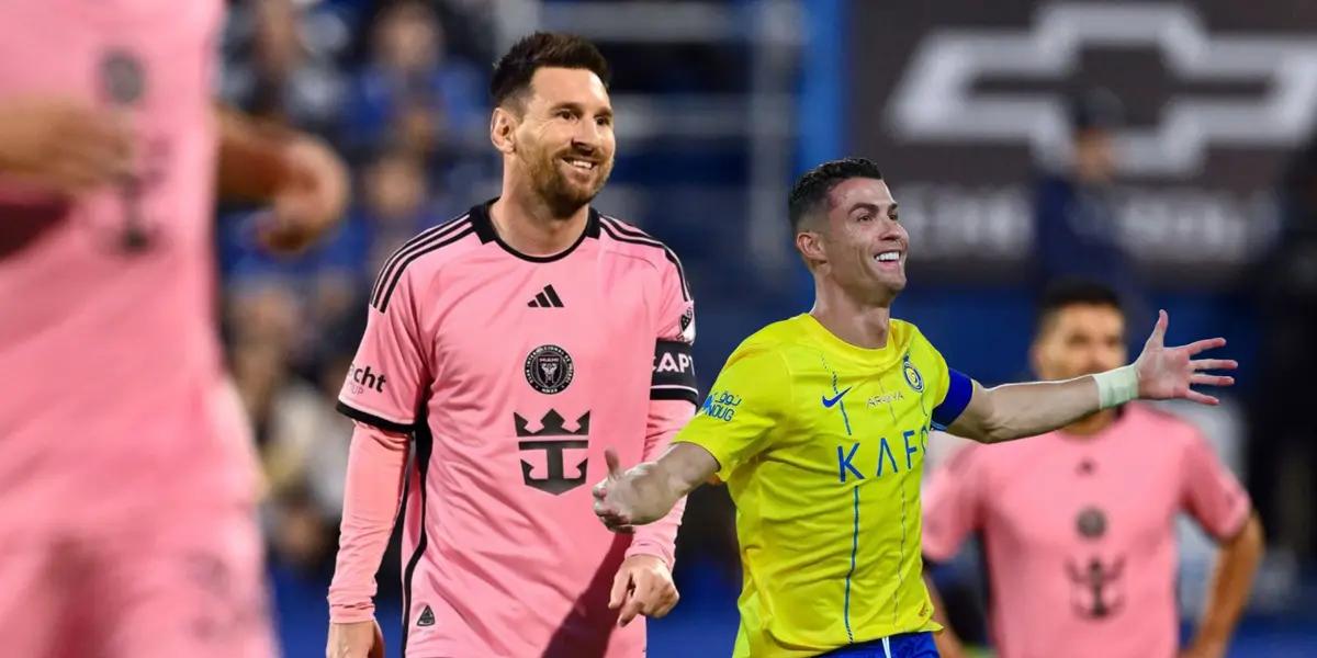 Lionel Messi slightly smiles wearing an Inter Miami kit while Cristiano Ronaldo puts his arms out with an Al Nassr kit on.
