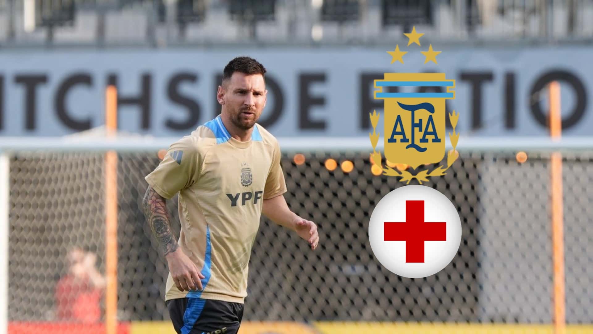Lionel Messi trains with the Argentina training kit as the Argentina national team badge and the medical cross is next to him. (Source: All About Argentina X)