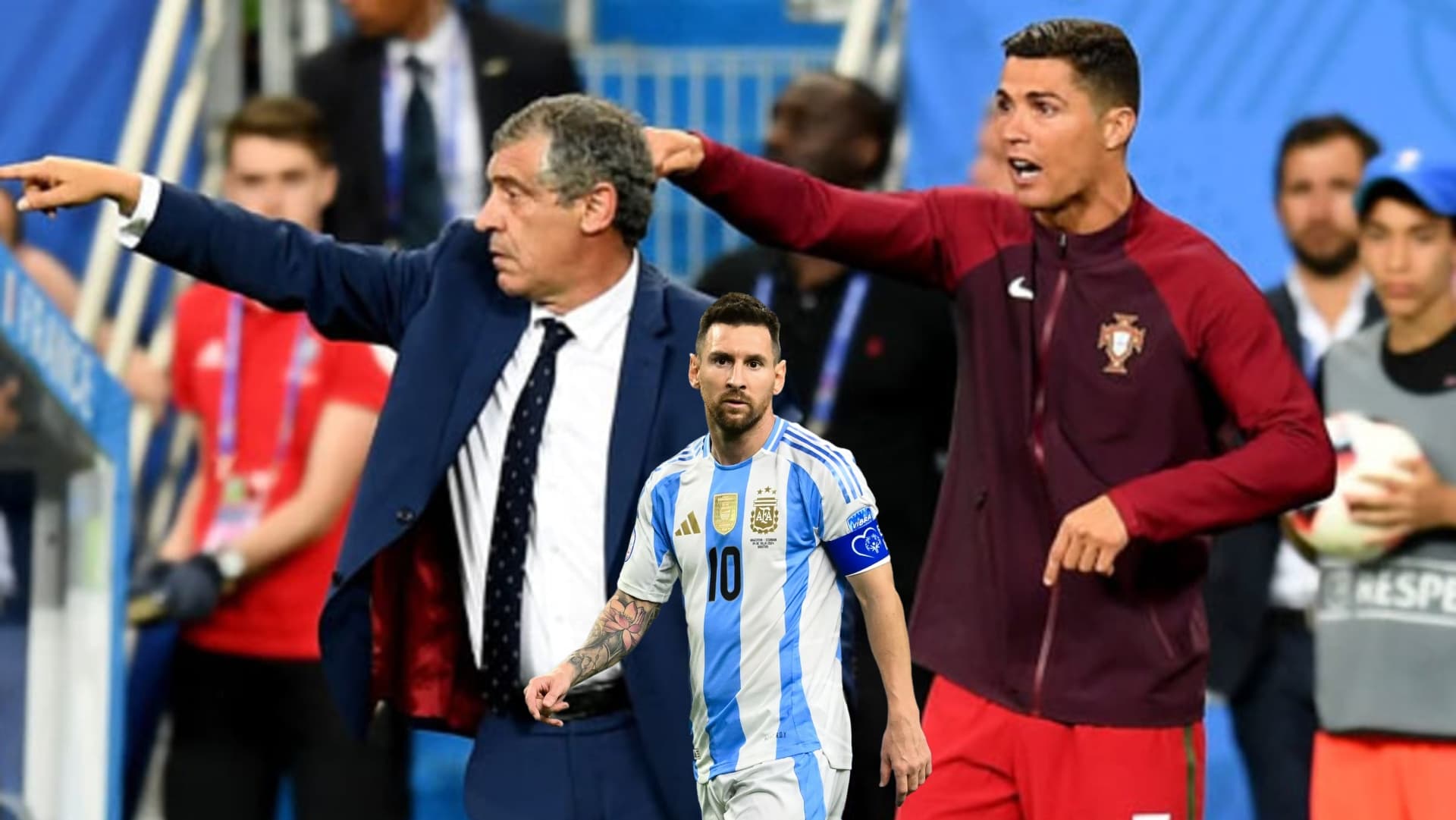 Lionel Messi walks with the Argentina jersey on while Cristiano Ronaldo tells instructions to the Portugal players next to his coach in the EURO 2016 Final. (Source: Sports Illustrated)