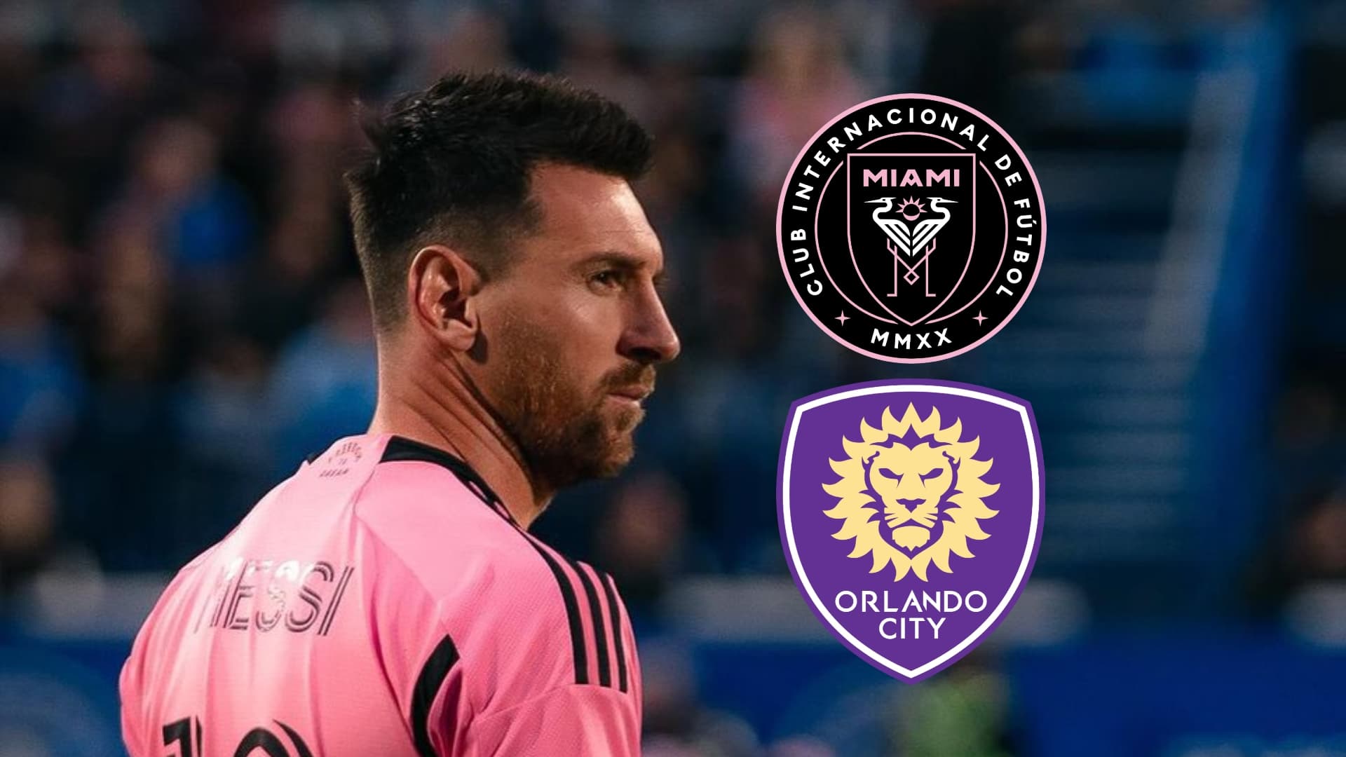 Lionel Messi wearing the Inter Miami jersey and looking towards the logos of Inter Miami and Orlando City.